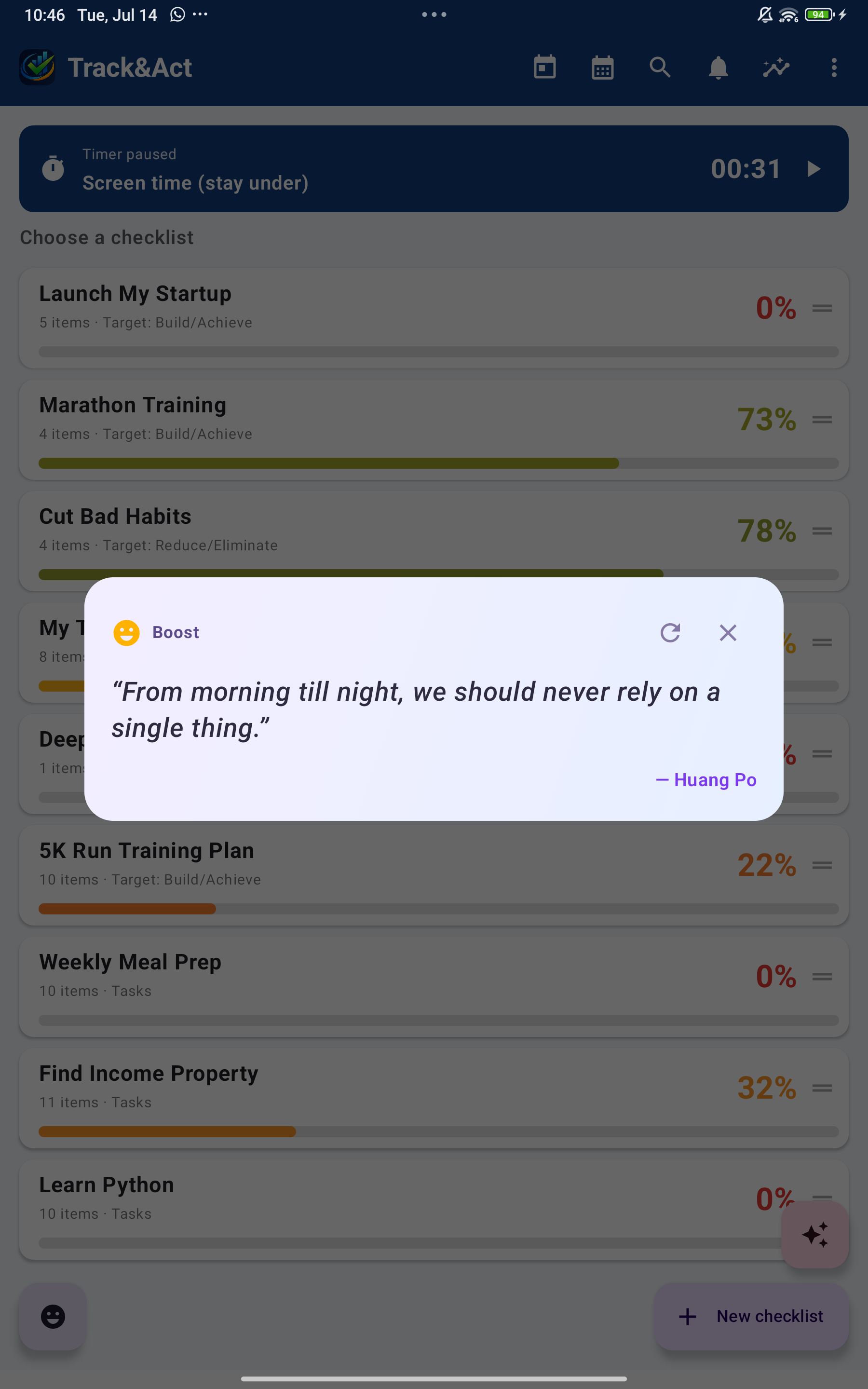 The Boost motivational-quote card shown over the home screen.