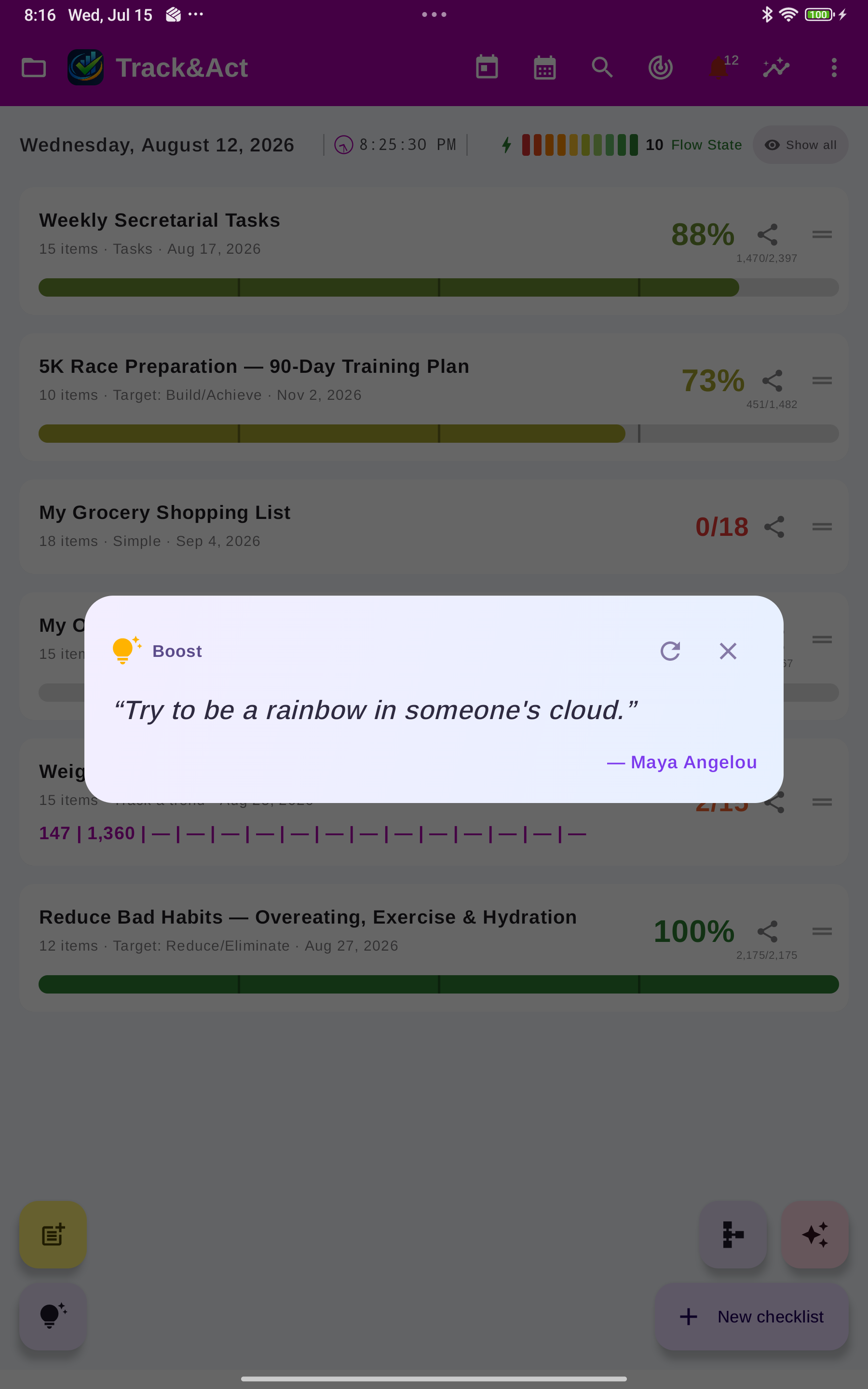 The Boost motivational-quote card shown over the home screen.