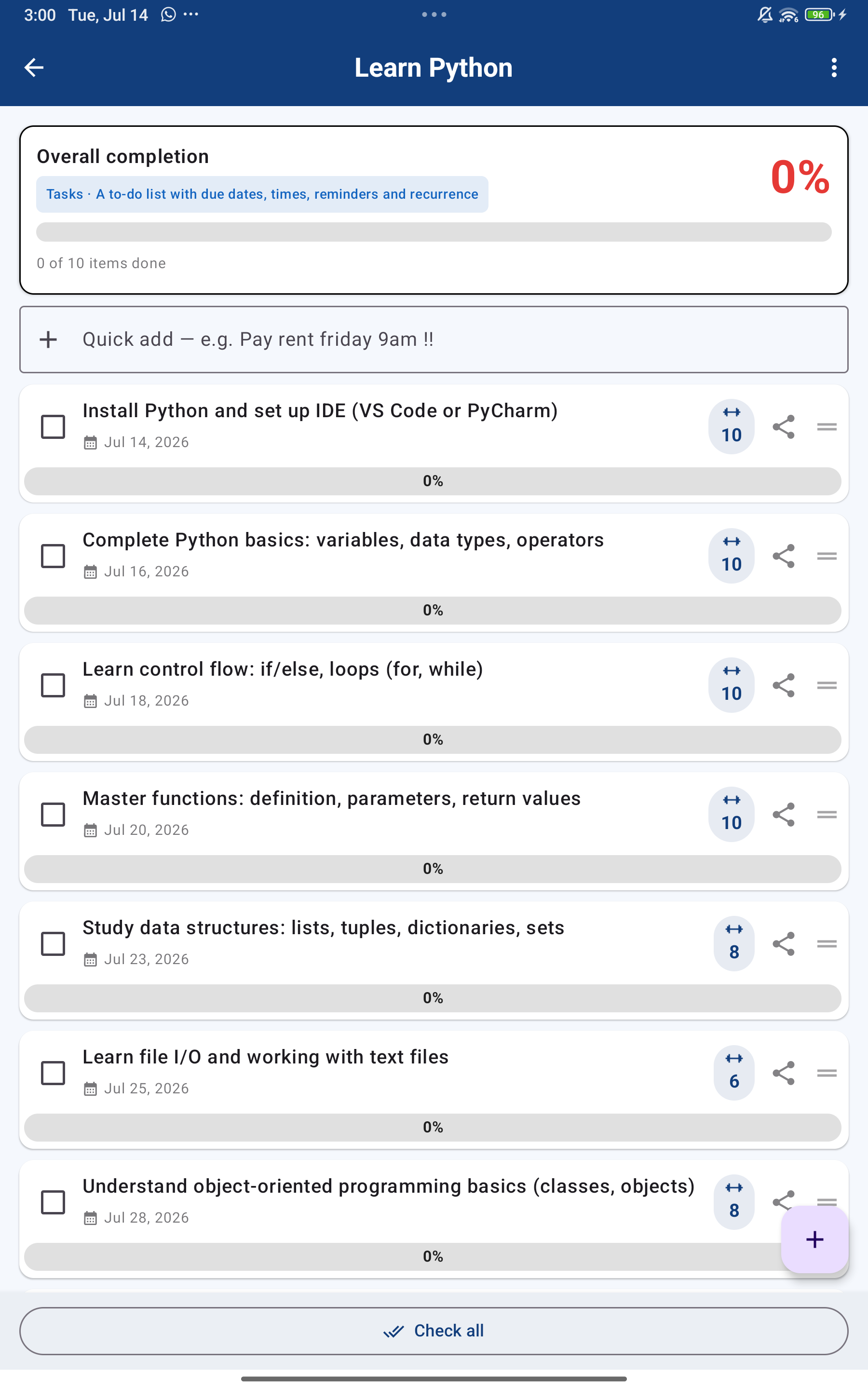 A Tasks checklist detail with due dates, item weights and per-item progress bars.