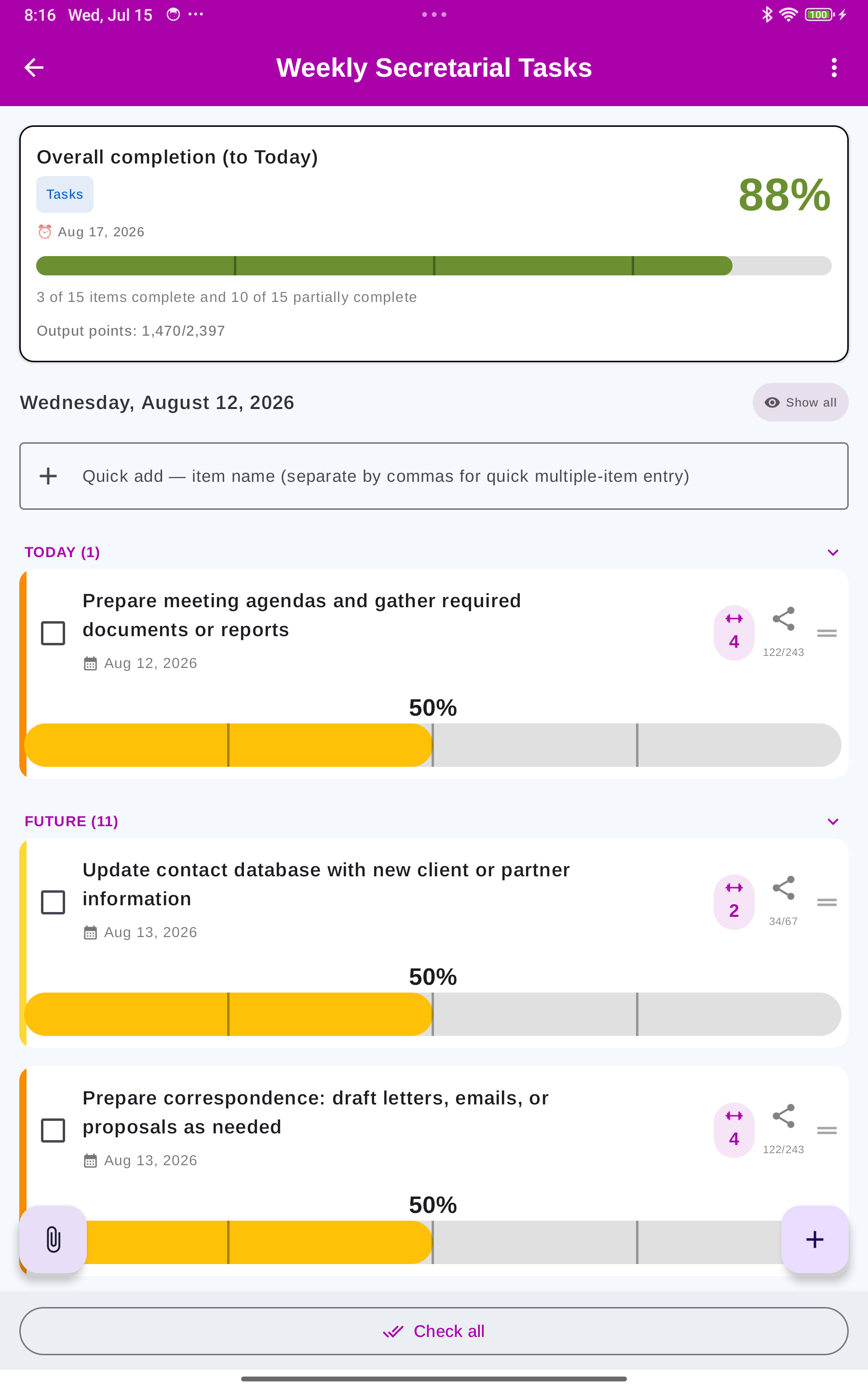 A Tasks checklist detail with due dates, item weights and per-item progress bars.