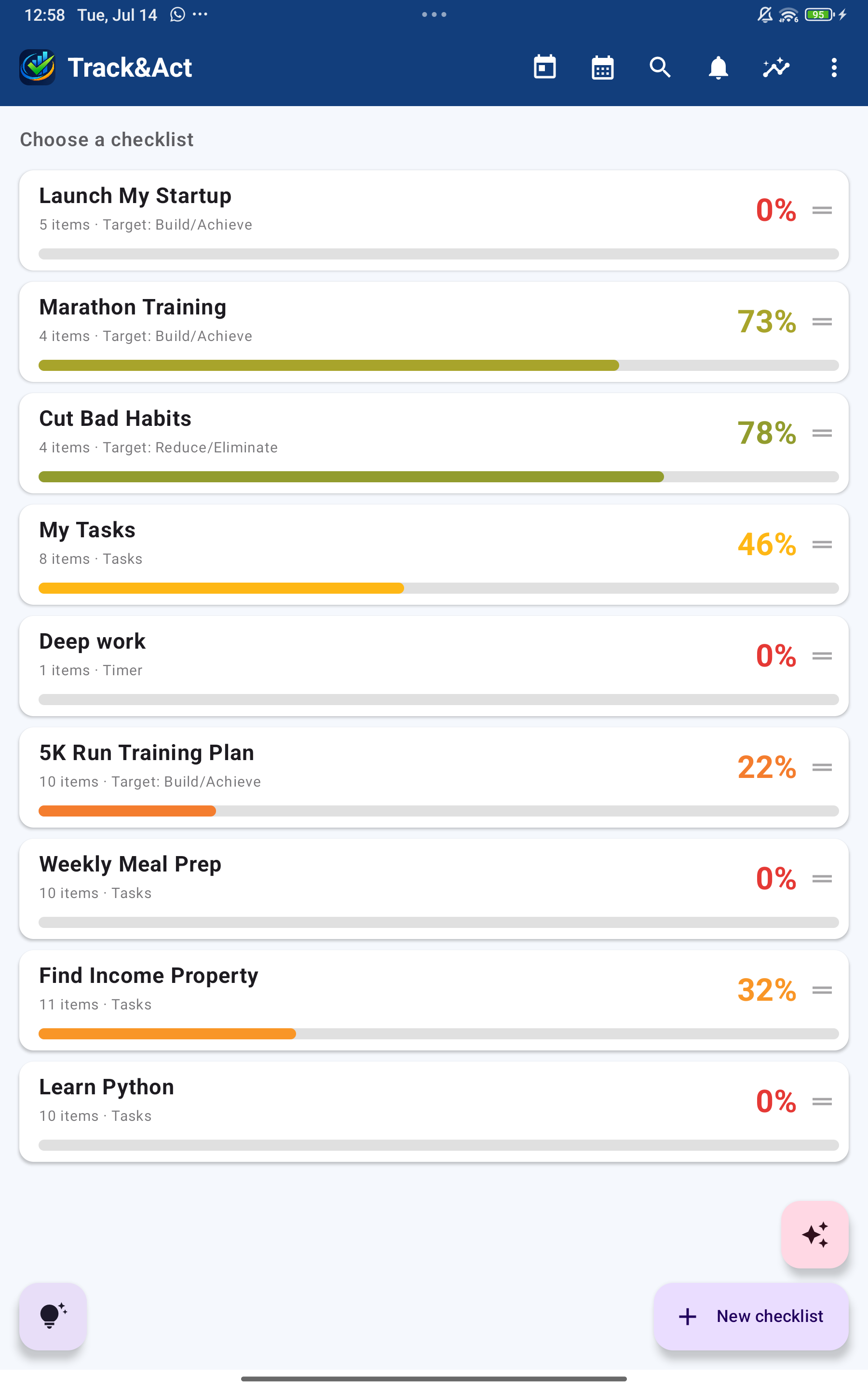 The Track&Act checklists home screen showing several checklists with weighted completion percentages and coloured progress bars.